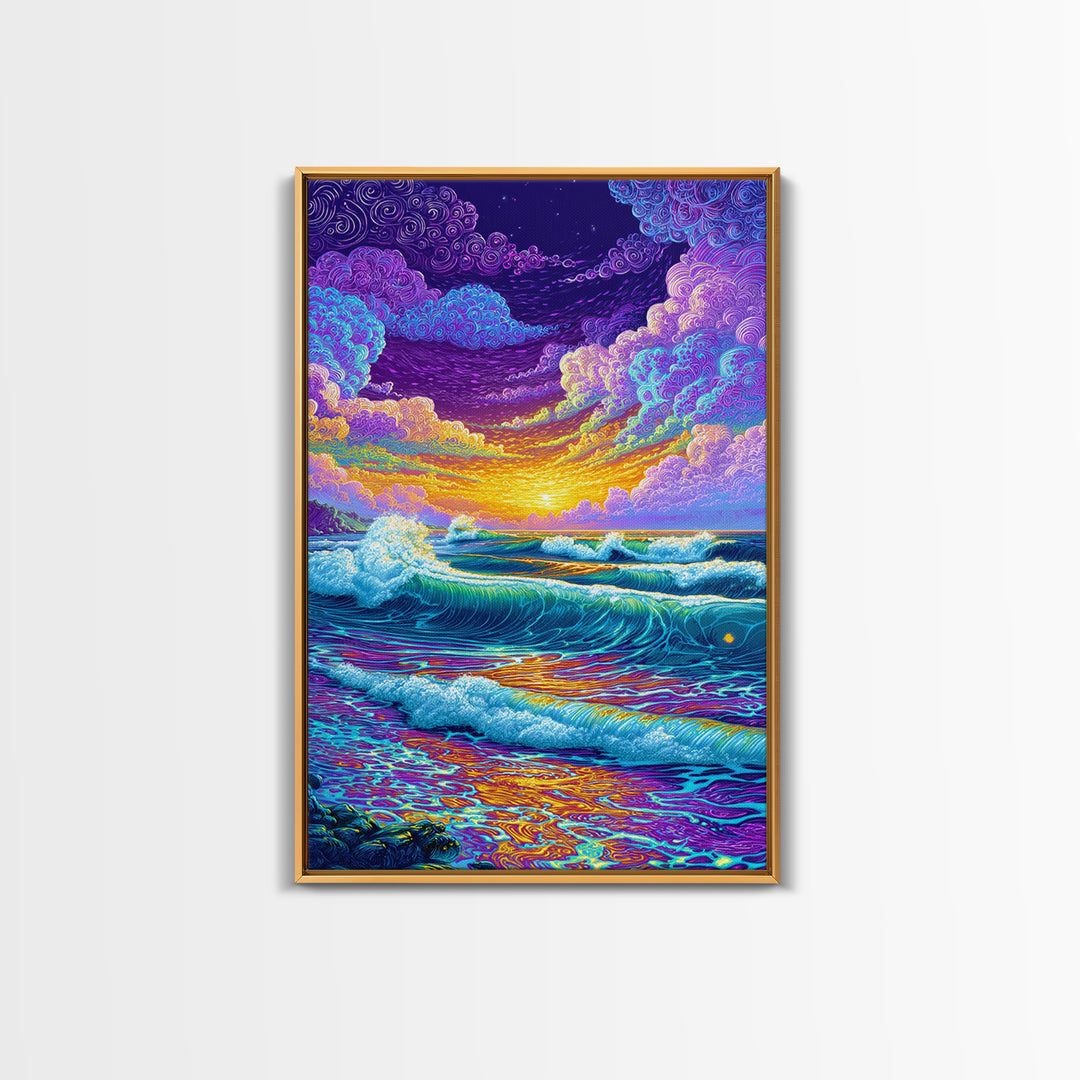 Colorful Ocean Waves Sunset Abstract Seascape Wall Art Canvas Print Bright Relaxing Living Room Decor Modern Coastal Art