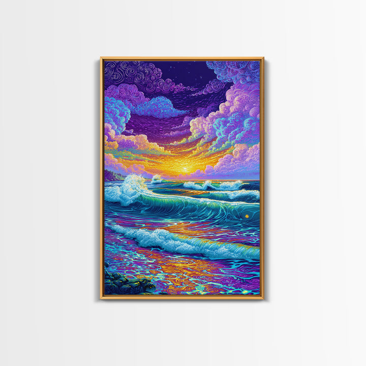 Colorful Ocean Waves Sunset Abstract Seascape Wall Art Canvas Print Bright Relaxing Living Room Decor Modern Coastal Art