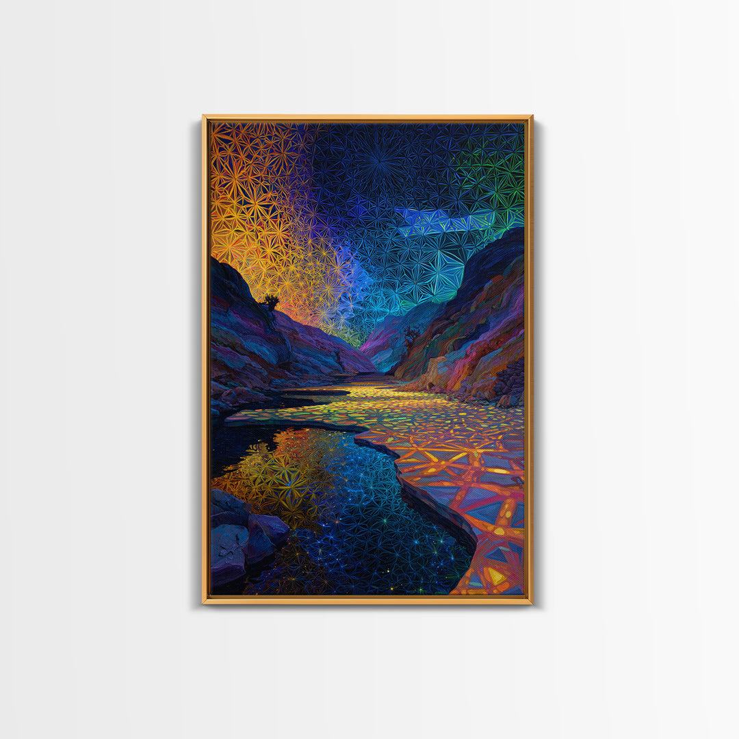 Sacred Geometry Canyon River Wall Art, Flower Of Life Landscape Print, Psychedelic Nature Decor, Meditation Room Wall Art