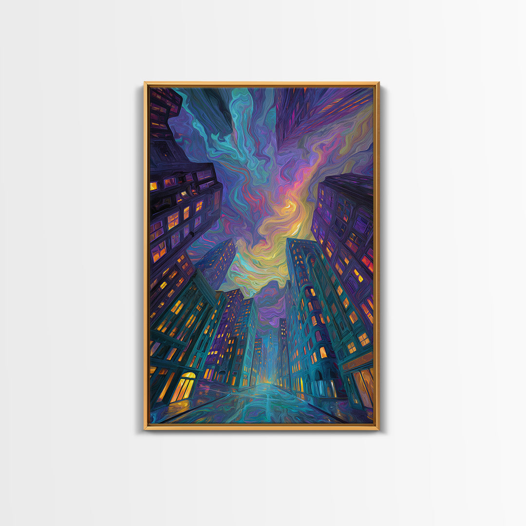 Swirling Neon City Skyline Framed Canvas Print, Psychedelic Urban Wall Art, Modern Apartment Decor, Colorful Living Room Gift