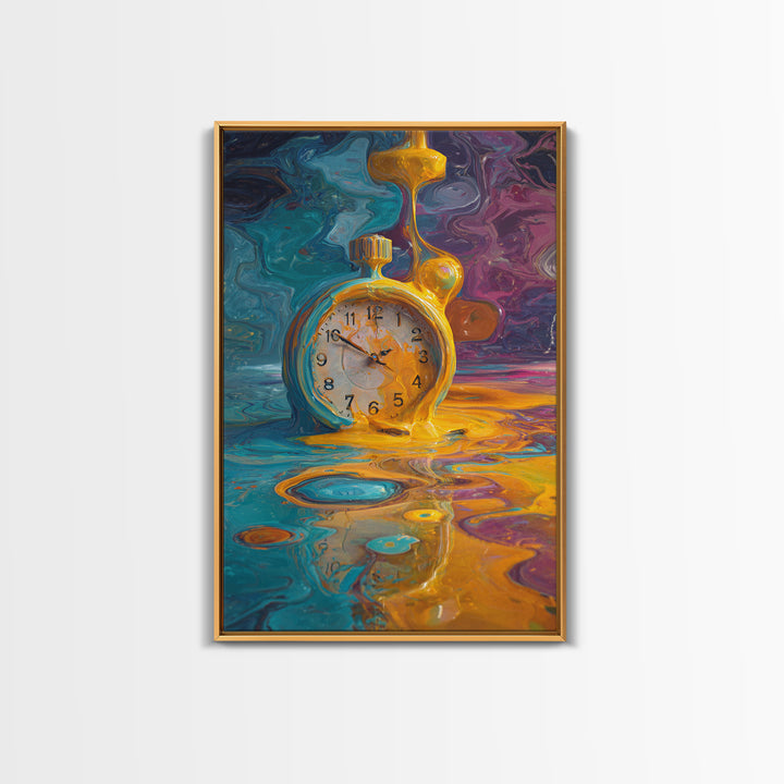 Melting Golden Alarm Clock Canvas Print, Surreal Wall Art, Colorful Abstract Painting, Whimsical Office Decor, Unique Gift