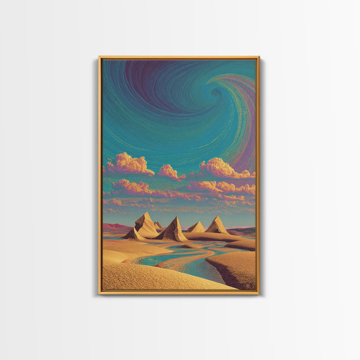 Surreal Desert Landscape With Pyramids And Swirling Sky Wall Art Modern Contemporary Canvas Print For Home Decor