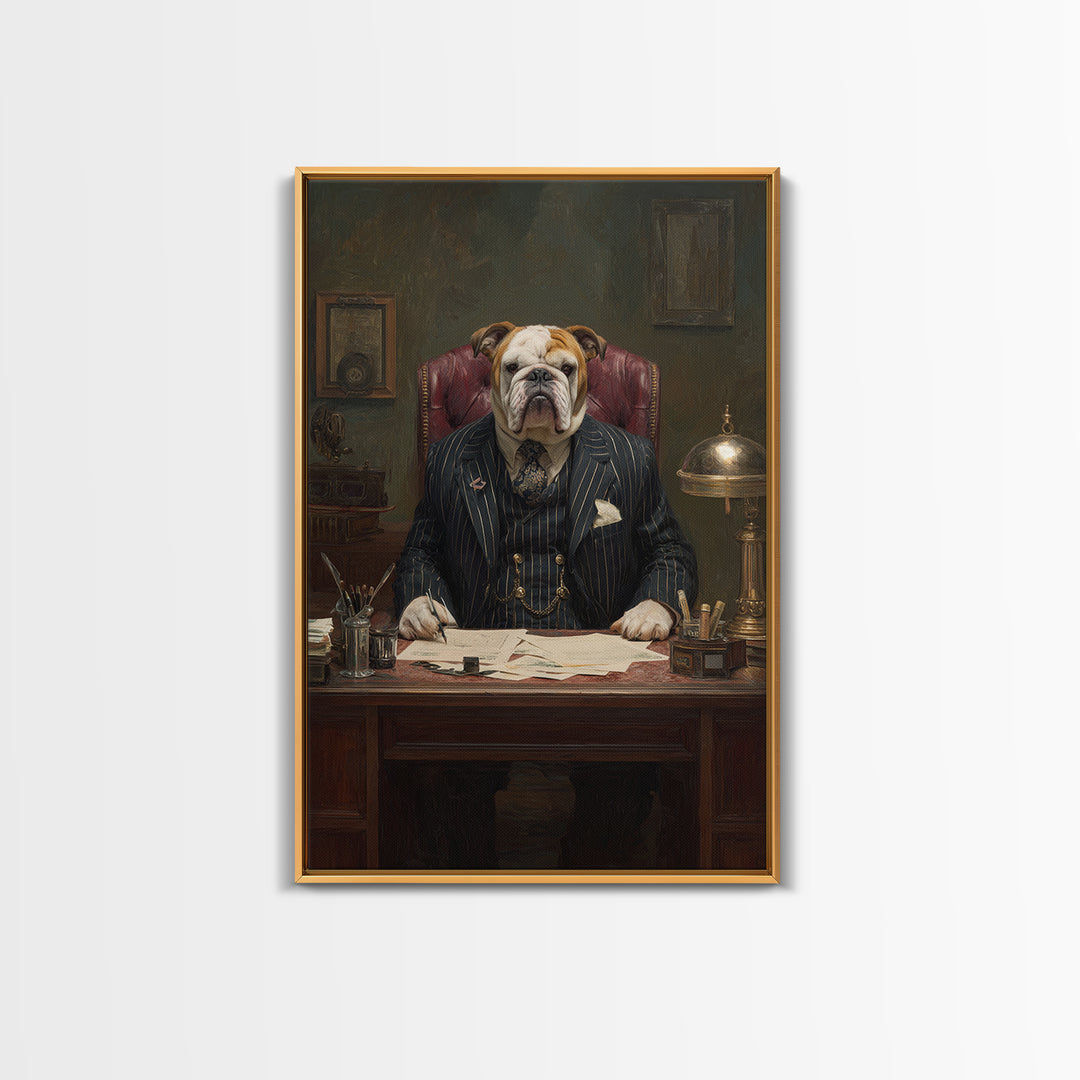 Bulldog Lawyer At Antique Desk Framed Canvas Print, Funny Dog Wall Art For Law Office Decor, Gentleman Pet Portrait Gift