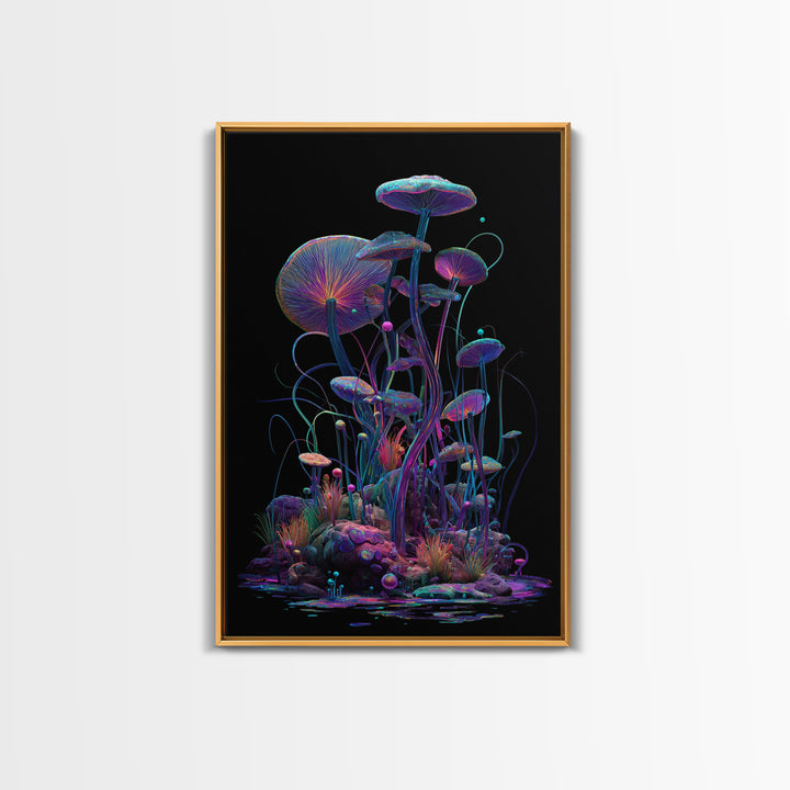 Bioluminescent Mushroom Garden On Black, Psychedelic Wall Art, Trippy Canvas Print, Gothic Decor, Unique Maximalist Gift