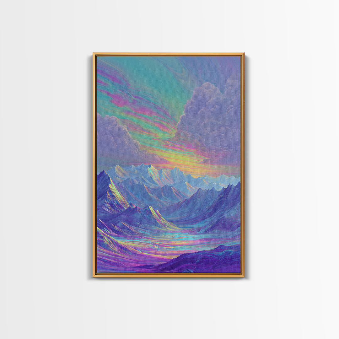 Iridescent Pastel Mountain Landscape Wall Art, Dreamy Alpine Canvas Print, Serene Calming Nature Decor, Above Bed Gift For Her