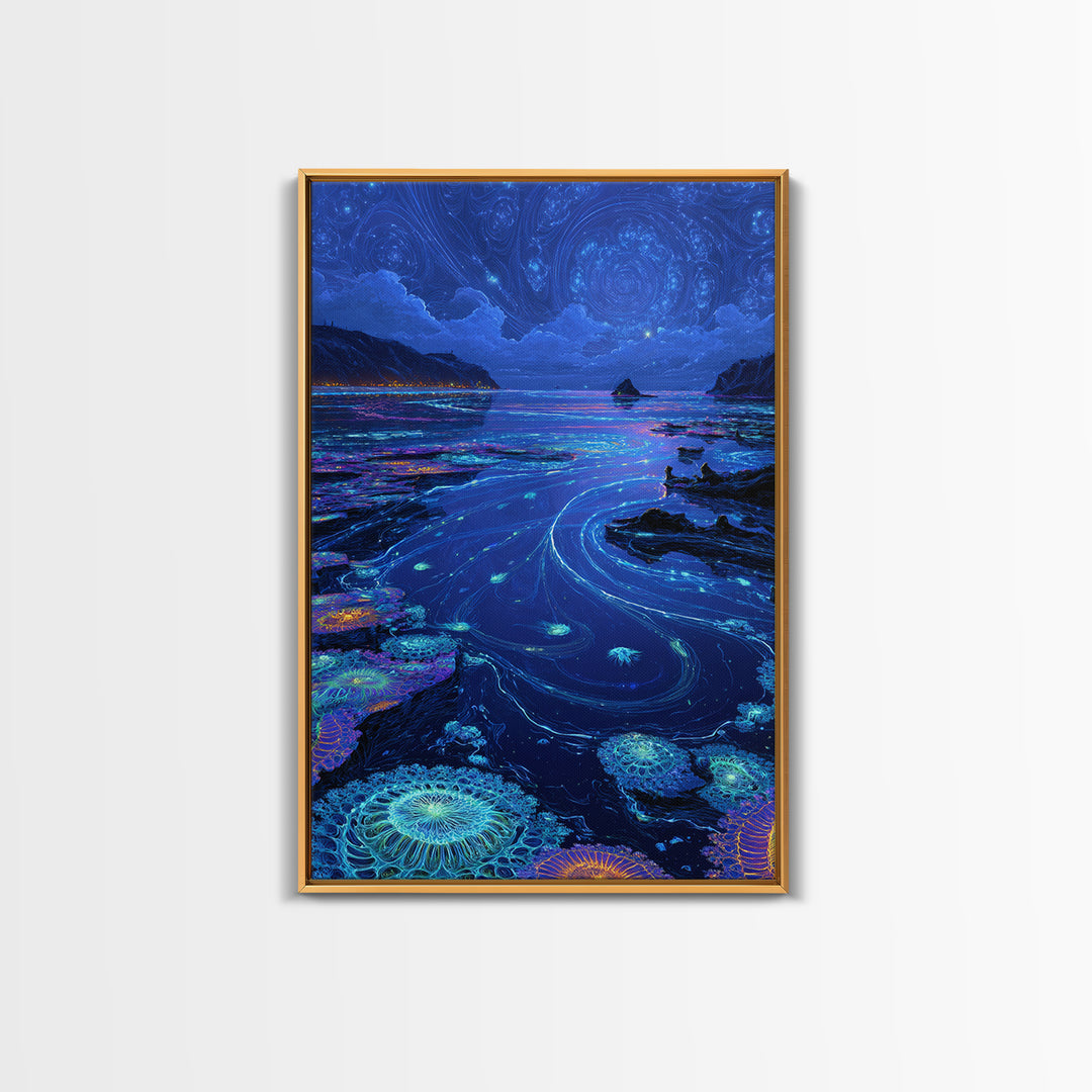 Bioluminescent Ocean Tide Pools Canvas Print, Blue Seascape Wall Art, Coastal Decor, Mystical Nature Art For Living Room
