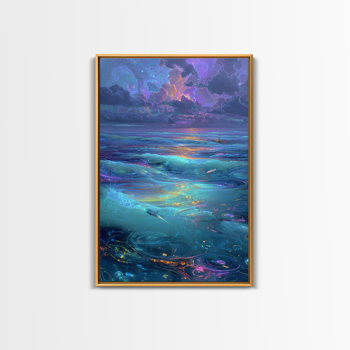 Fantasy Oceanic Scene With Sharks And Mystical Water Ripples Vibrant Colorful Wall Art Canvas Print