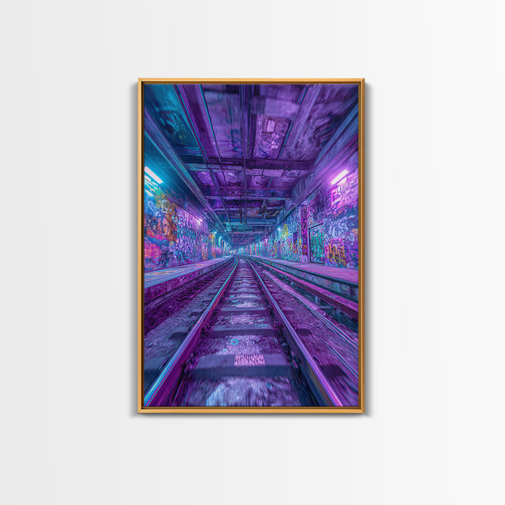 Neon Graffiti Subway Tunnel Wall Art, Cyberpunk City Canvas Print, Urban Street Decor, Apartment Gaming Room Gift For Him