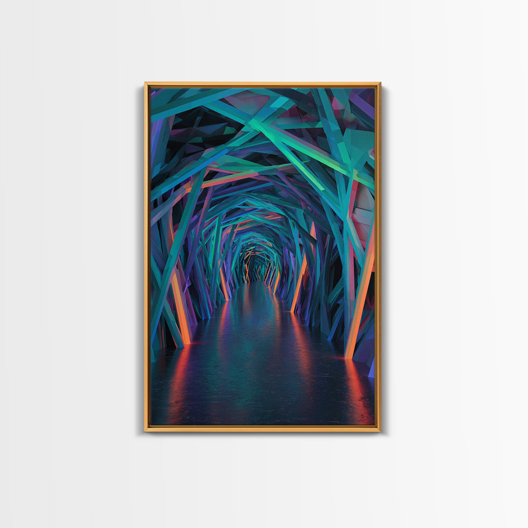 Neon Geometric Tunnel Wall Art, Futuristic Abstract Hallway Canvas, Cyberpunk Decor, Modern Office Statement Art Print Decor