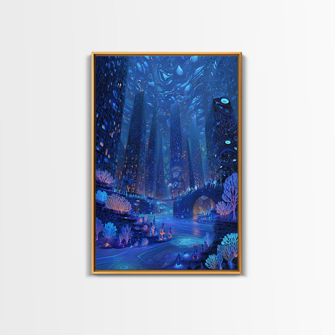 Bioluminescent Futuristic City Wall Art, Blue Sci Fi Metropolis Print, Cyberpunk Fantasy Decor, Large Canvas Poster Gift For Him