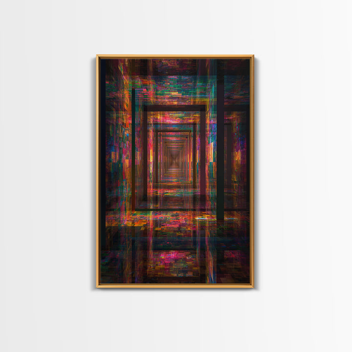 Neon Glitch Infinite Corridor, Cyberpunk Abstract Wall Art, Futuristic Canvas Print, Gaming Room Decor, Modern Office Art