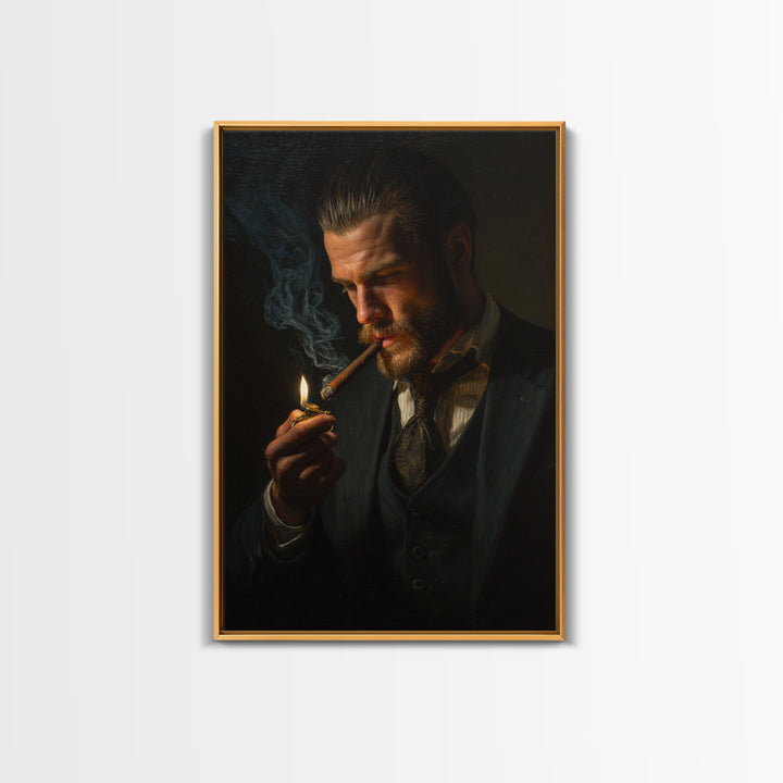 Moody Gentleman Lighting Cigar Framed Canvas Print, Dark Academia Portrait Oil Painting For Masculine Office And Man Cave Decor
