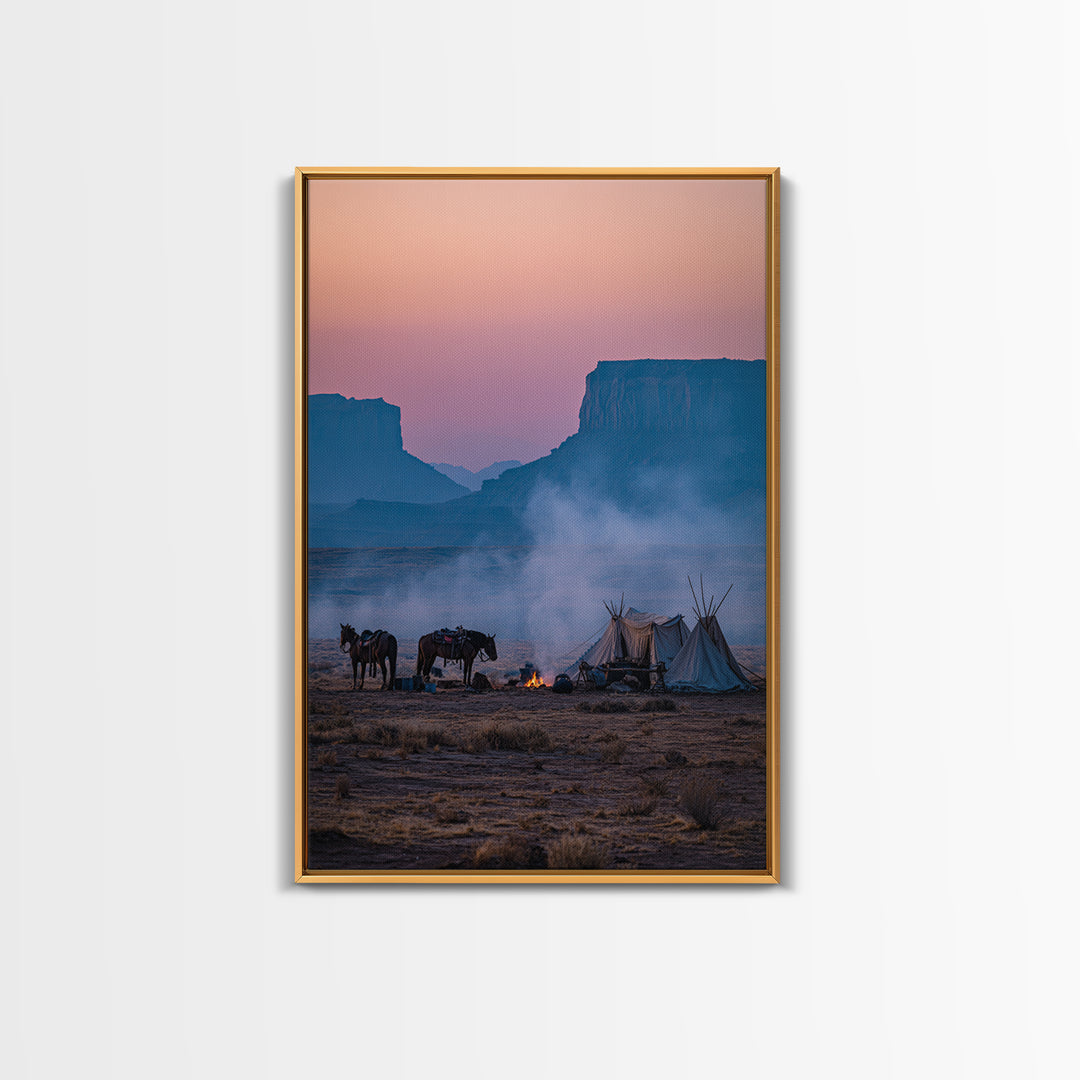 Misty Desert Sunrise With Horses And Teepees Landscape Photography Wall Art Print Large Wall Art