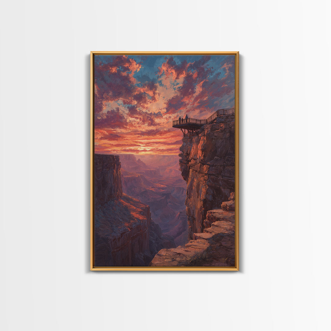 Grand Canyon Sunset With Dramatic Sky And Viewers On Overlook Wall Art Framed Canvas Print For Living Room Home Decor