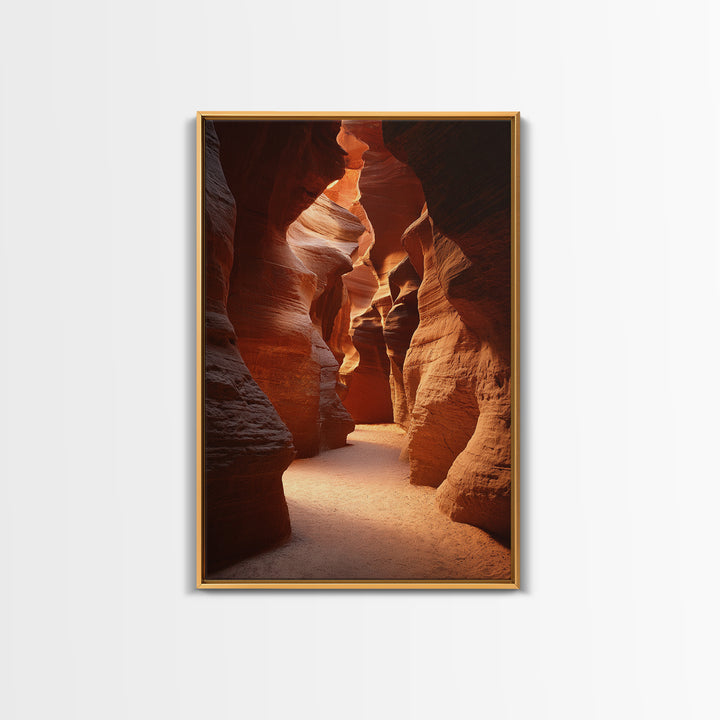 Sunlit Red Rock Canyon Pathway Between Towering Cliffs Framed Canvas Print For Rustic Home And Office Decor