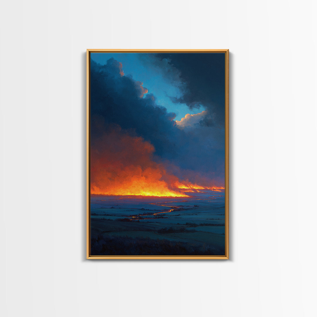 Dramatic Fire And Smoke Landscape Painting Large Wall Art Canvas Print For Rustic Home Decor And Office