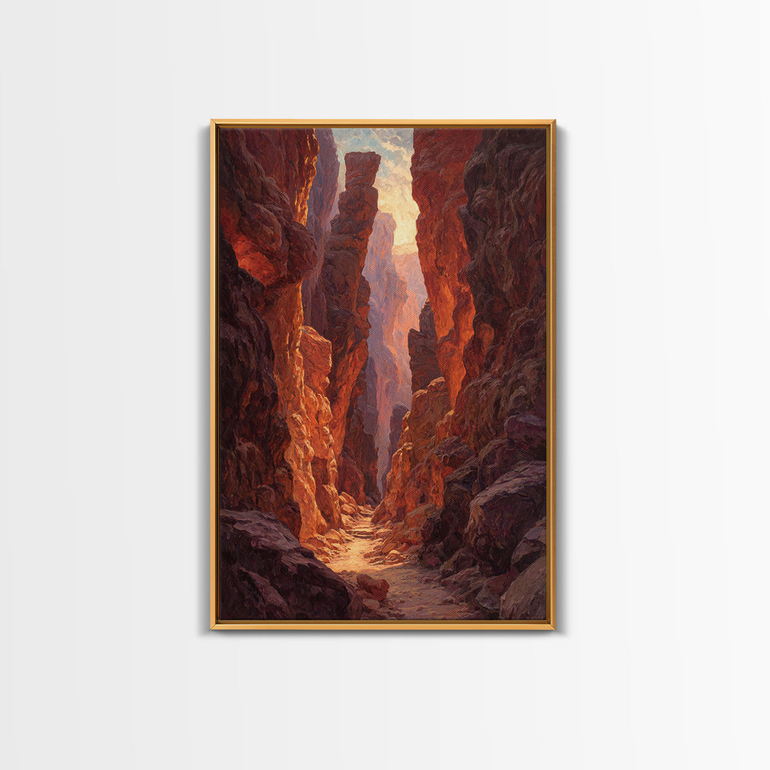Sunlit Rocky Canyon With Warm Tones Nature Painting Wall Art Canvas Print Large Landscape Home Decor And Original Art