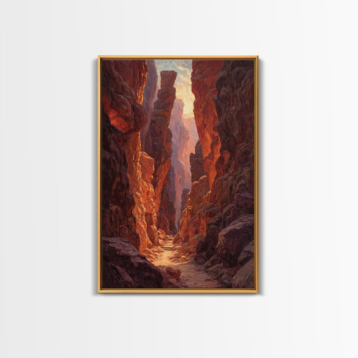 Sunlit Rocky Canyon With Warm Tones Nature Painting Wall Art Canvas Print Large Landscape Home Decor And Original Art