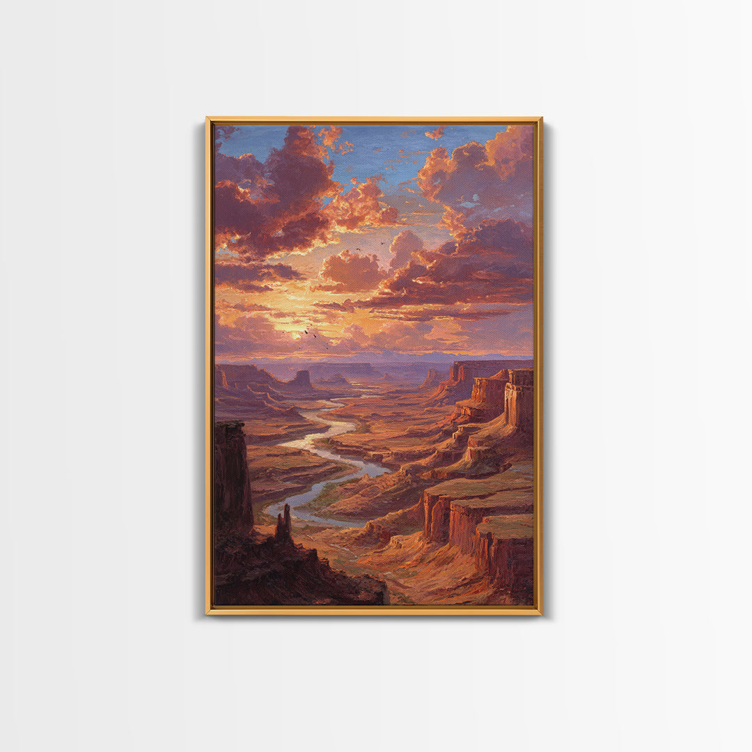 Sunset Over Canyon River Oil Painting Landscape Wall Art Large Framed Canvas Print Rustic Home Decor Gift For Nature Lovers