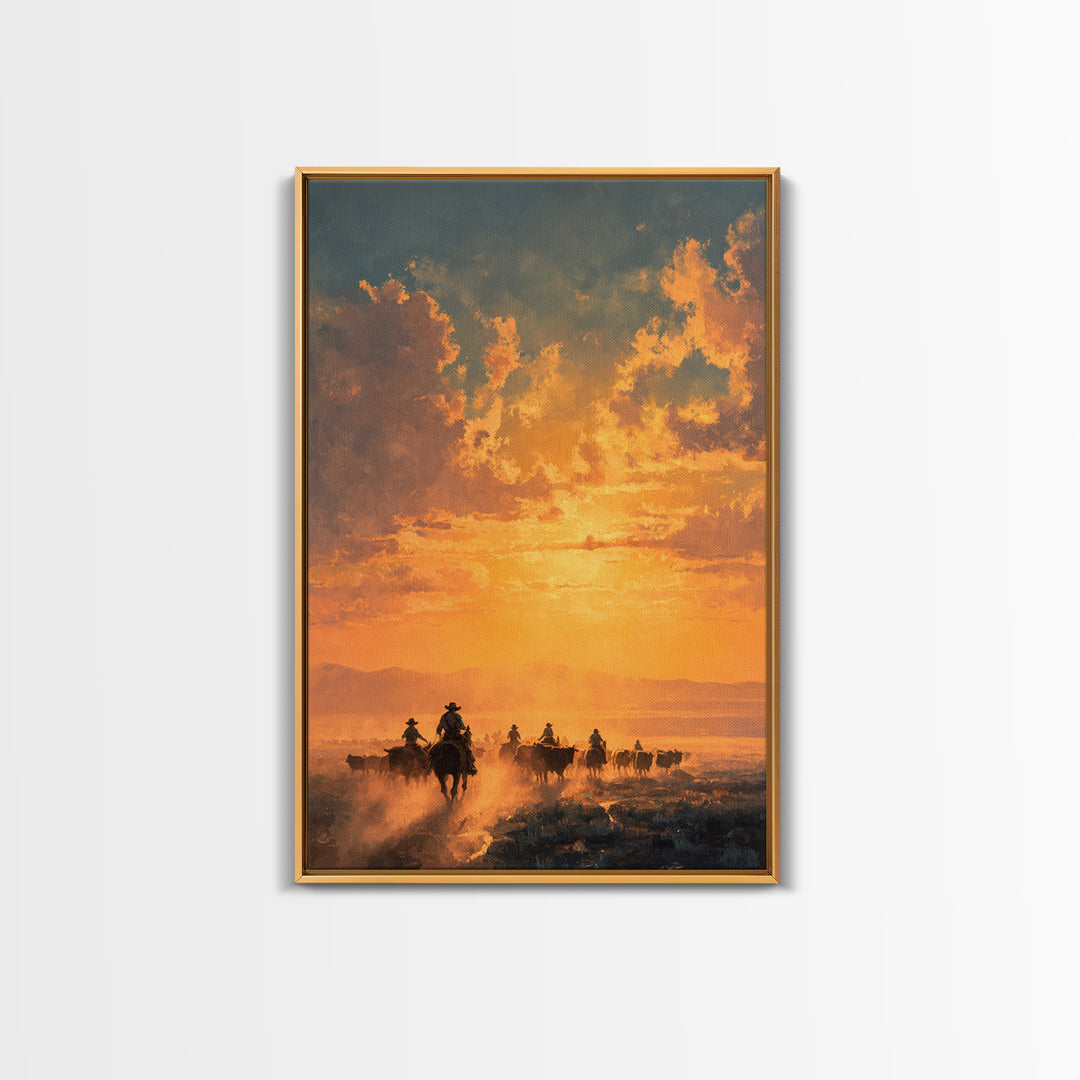 Sunset Cowboy Cattle Drive Ranch Scene Oil Painting Wall Art Framed Canvas Print For Rustic Farmhouse Home Decor