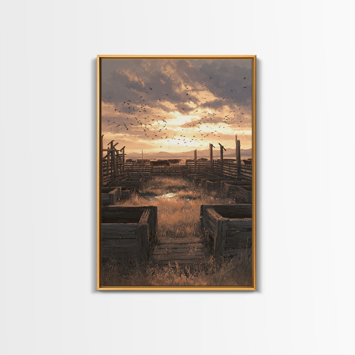 Rustic Landscape Oil Painting Of Cattle Corral At Sunset Wall Art Framed Canvas Print For Farmhouse Decor