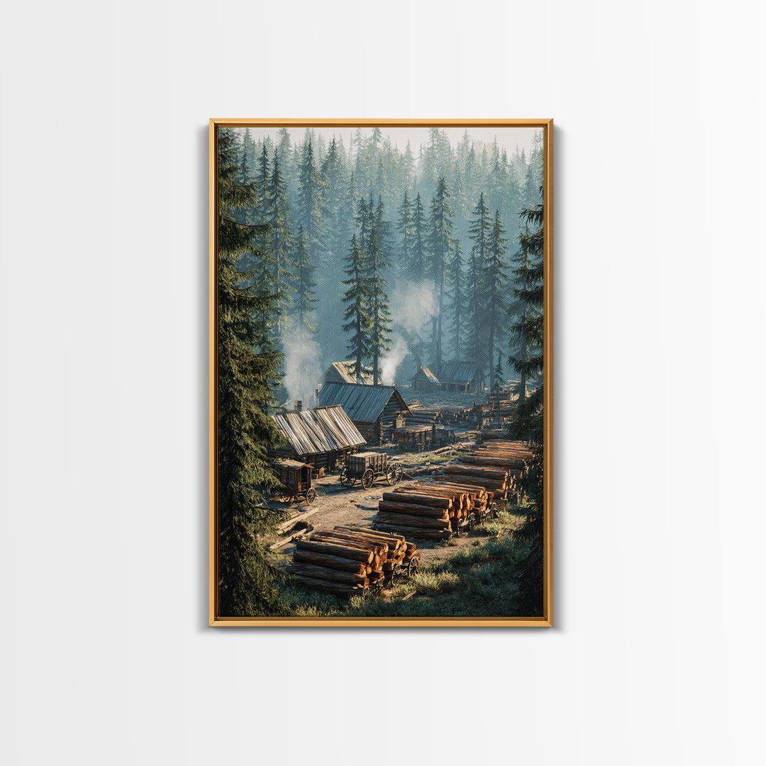 Rustic Log Cabin Village In Misty Forest Painting Wall Art Canvas Print For Cozy Home Decor Living Room Wall Art