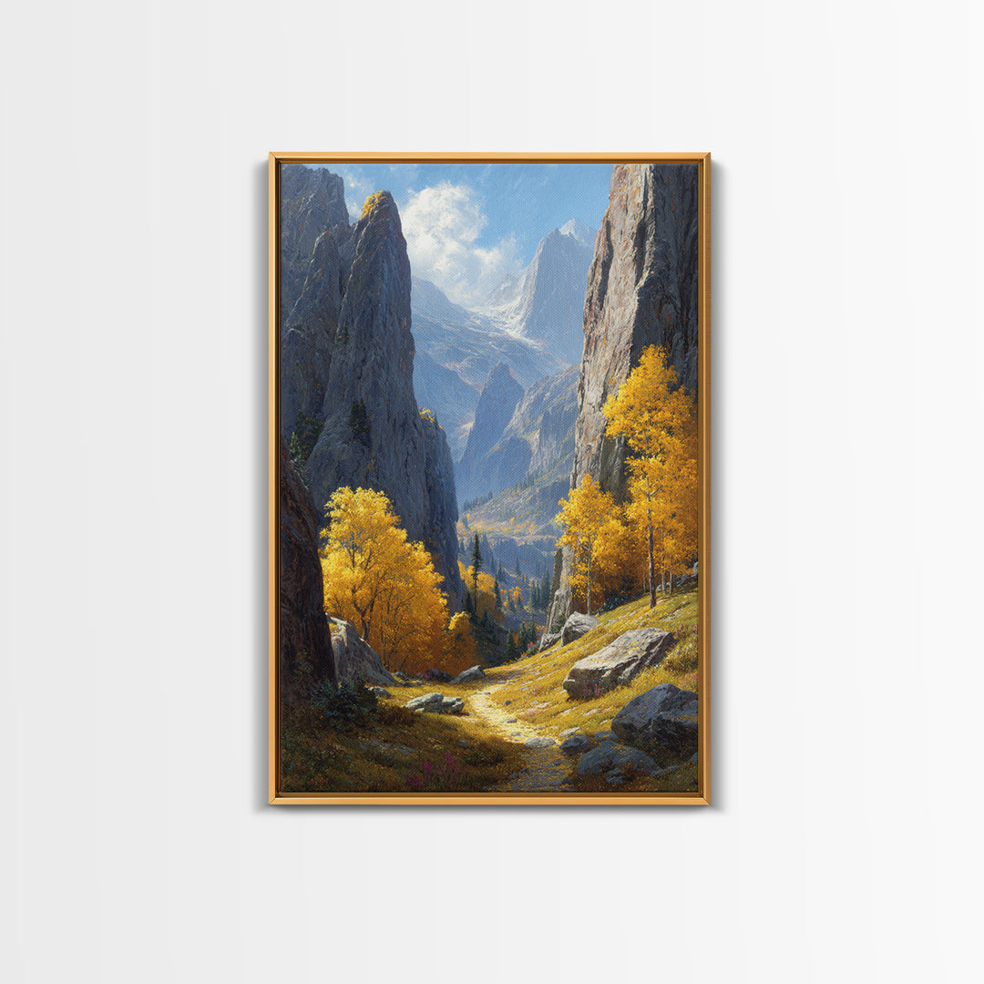 Majestic Mountain Valley Fall Landscape Painting Wall Art Framed Canvas Print For Warm Autumn Home Decor Living Room