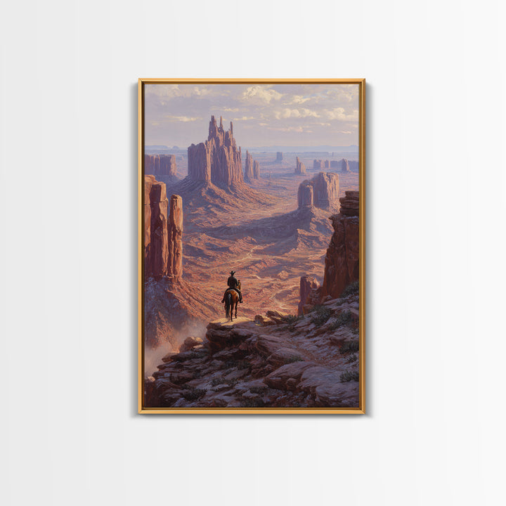 Western Cowboy Silhouette Watching Monument Valley Sunset Wall Art Print For Rustic Home Decor Living Room Framed Canvas Print