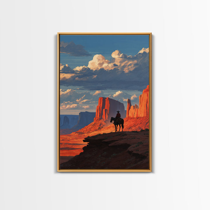 Cowboy On Horse Looking Over Red Rock Canyon Landscape Sunset Western Wall Art Canvas Print