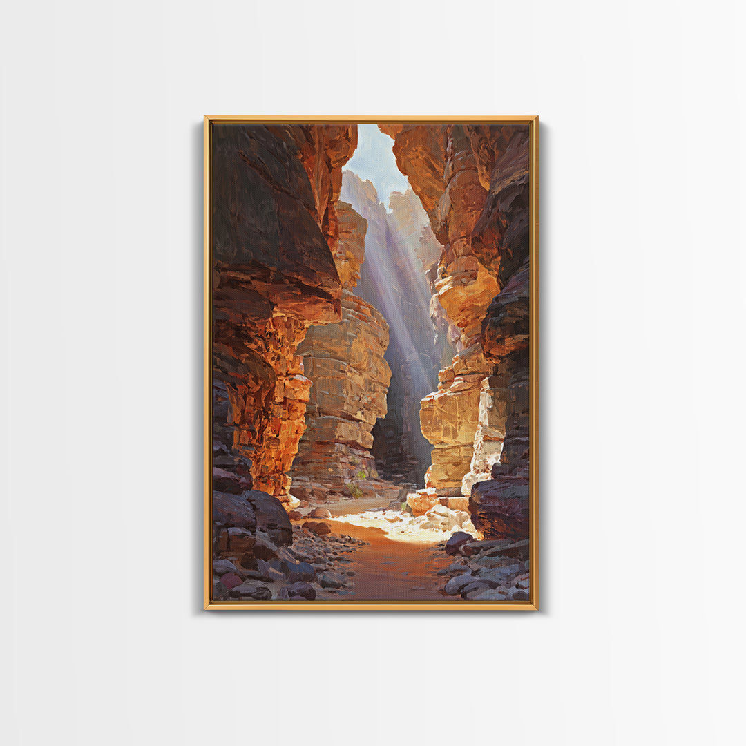 Sunlit Canyon Landscape Oil Painting Wall Art Stunning Nature Scene Framed Canvas Print For Rustic Home Decor