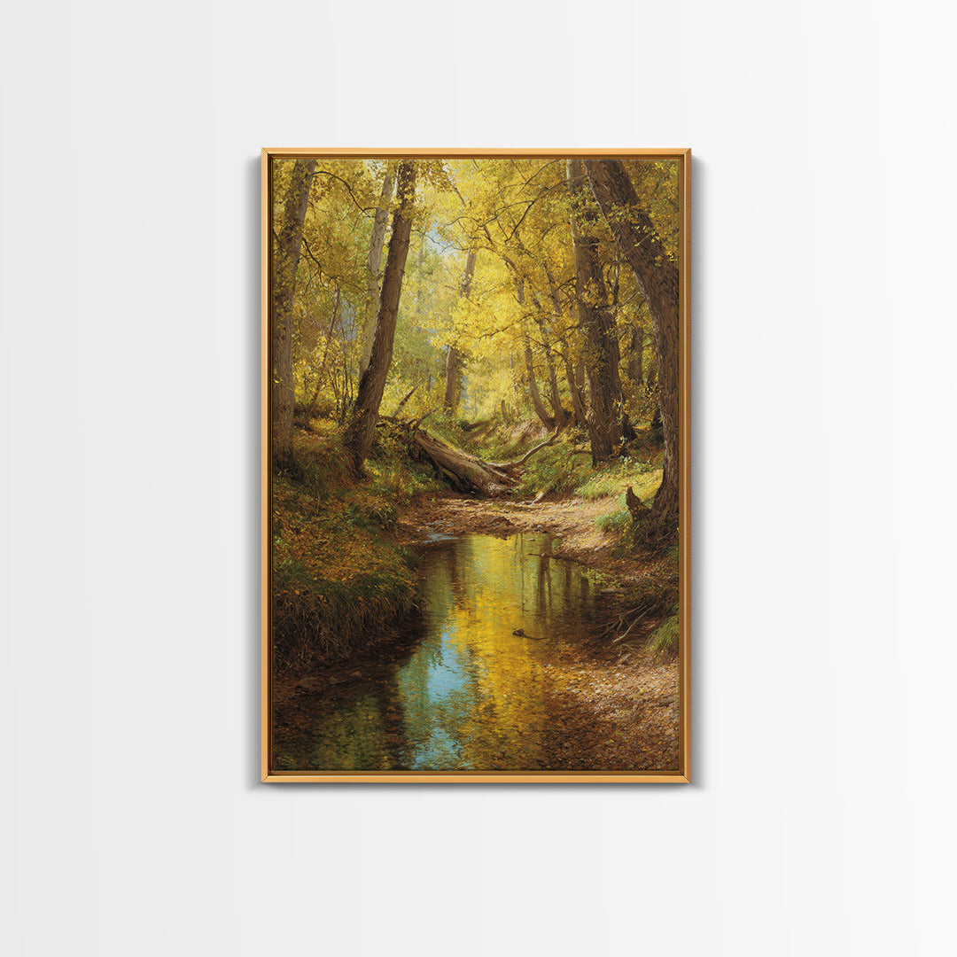 Serene Autumn Forest Landscape Oil Painting Canvas Print Featuring Golden Trees And Reflections For Wall Art