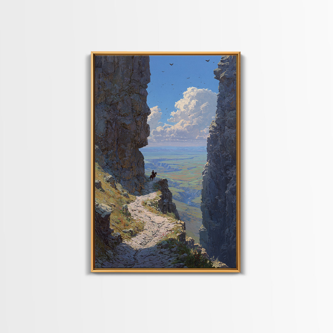 Western Cowboy On Horseback Amidst Majestic Rocky Canyon Landscape Large Wall Art Canvas Print