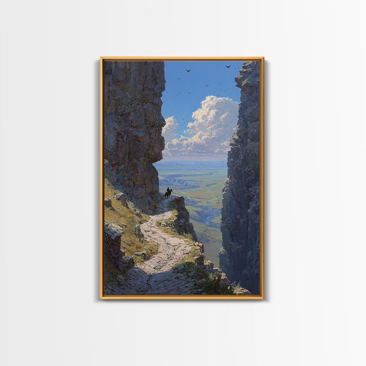 Western Cowboy On Horseback Amidst Majestic Rocky Canyon Landscape Large Wall Art Canvas Print