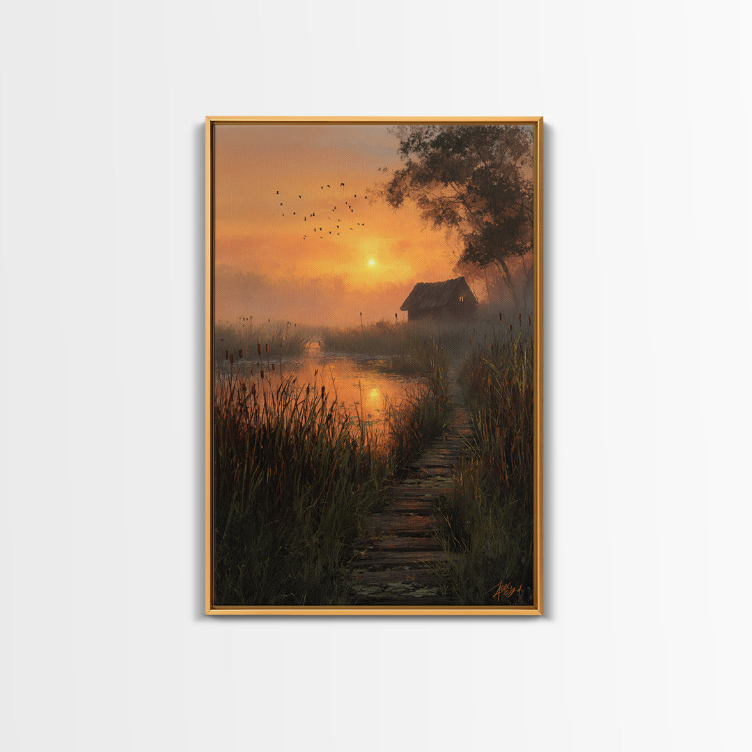Peaceful Country Cabin At Sunlit Evening With Birds Flying Over Still Pond Serene Landscape Wall Art Print