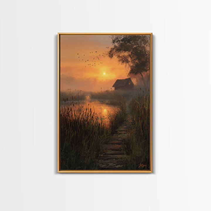 Peaceful Country Cabin At Sunlit Evening With Birds Flying Over Still Pond Serene Landscape Wall Art Print