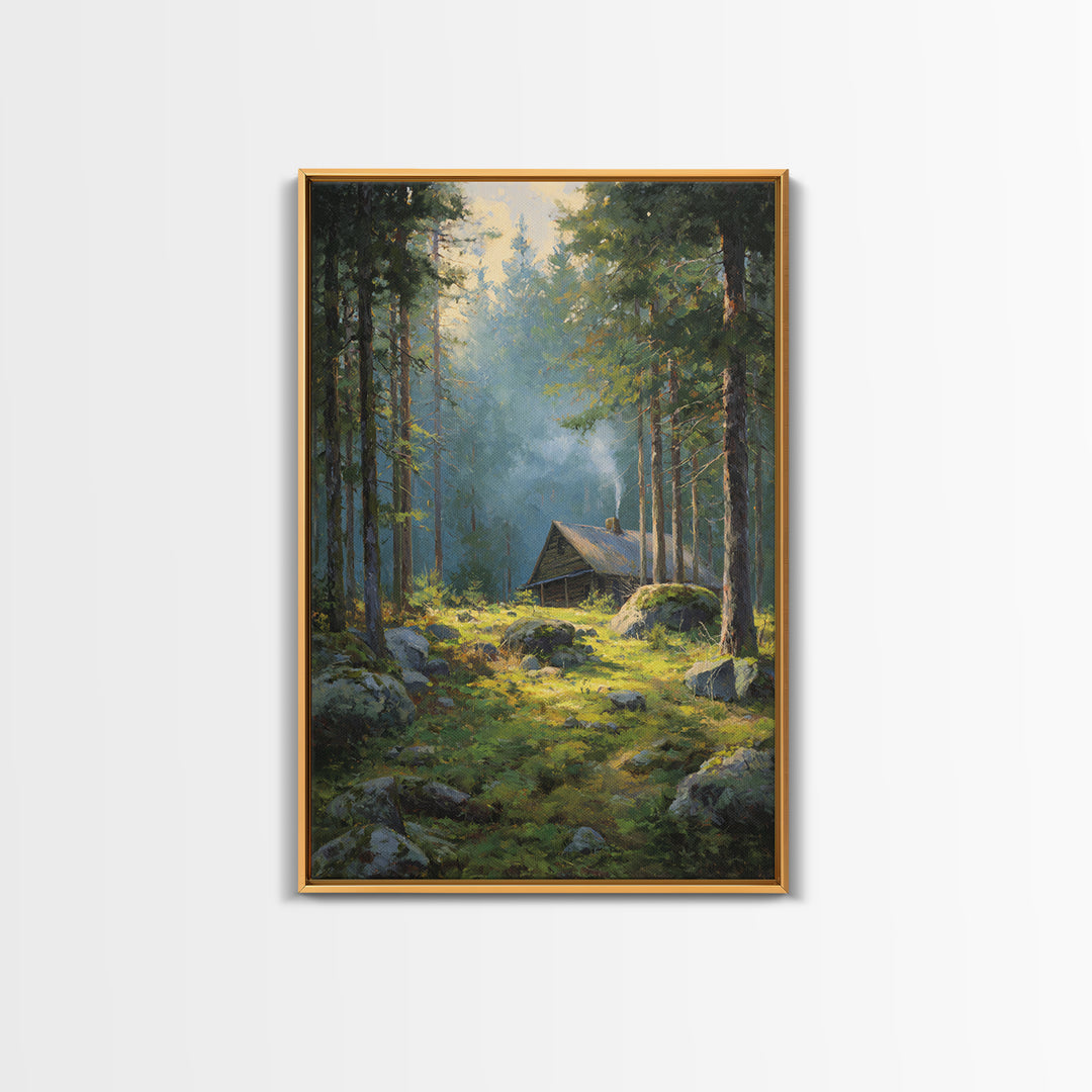 Sunset Campfire In Cozy Rustic Cabin Smoky Forest Original Oil Painting Wall Art Framed Canvas Print Warm Home Decor Nature Artwork