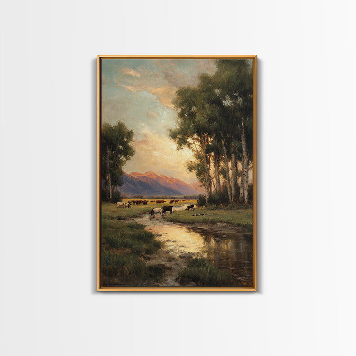 Serene Pastoral Landscape Oil Painting Artwork Featuring Cows Grazing Near Mountains Large Wall Art Canvas Print For Rustic Home Decor