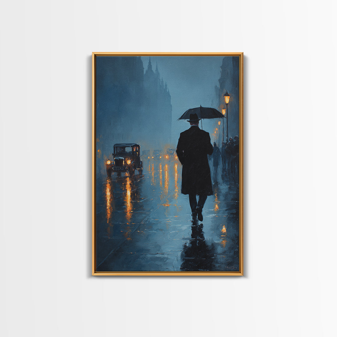 Rainy London Street With Umbrella Wall Art, Moody Blue Cityscape Oil Painting Print For Living Room Office Decor And Dark Academia