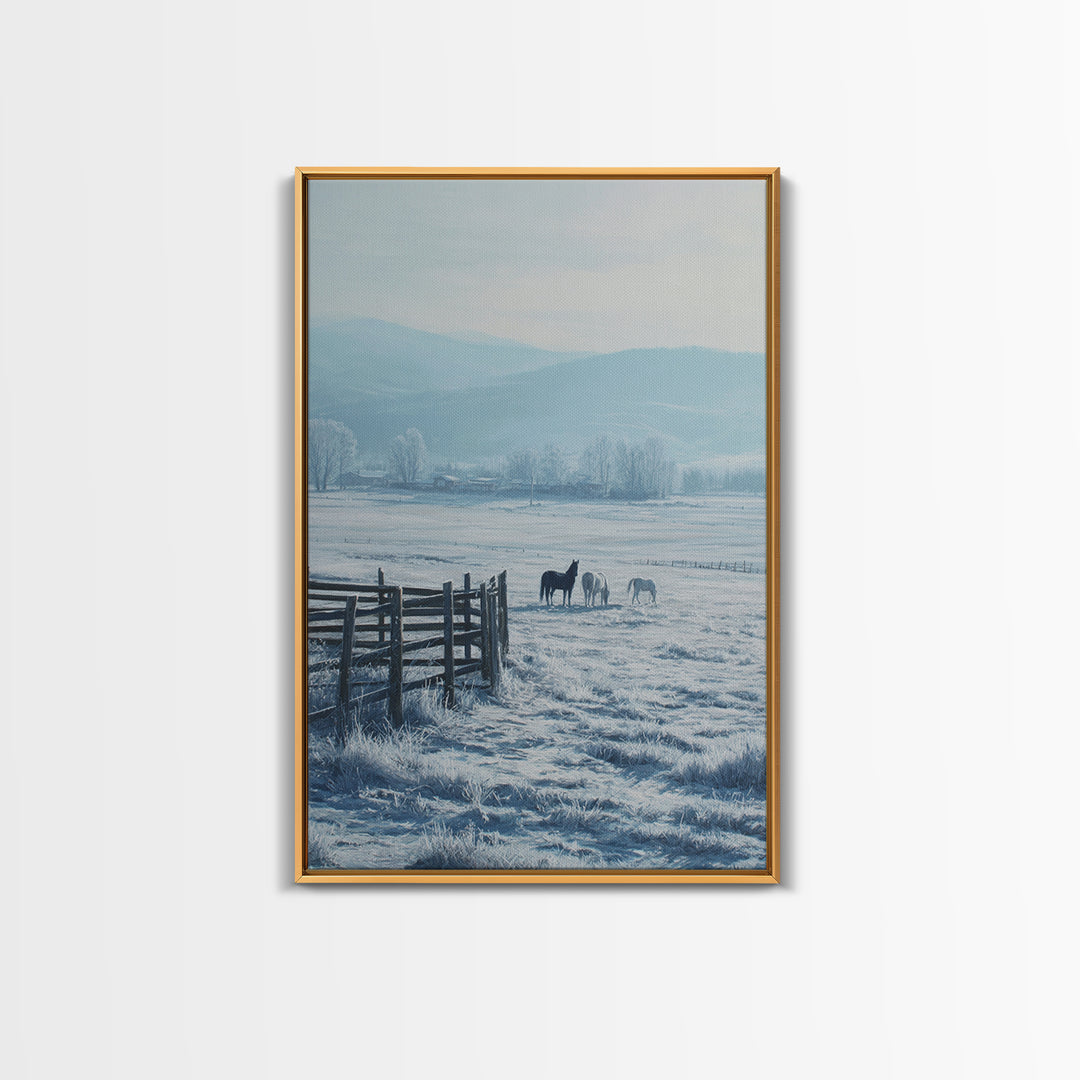 Winter Landscape Painting With Horses In Snowy Field Featuring Wooden Fence Pastel Tones Canvas Print For Rustic Home Decor