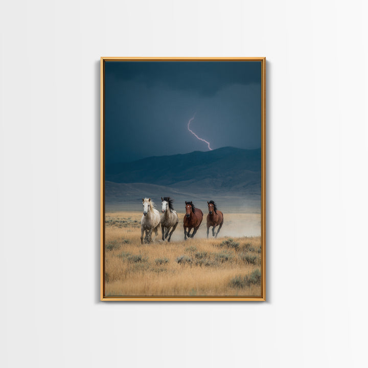 Wild Horses Running Amid Stormy Landscape Canvas Print, Dramatic Animal Wall Art, Rustic Western Home Decor