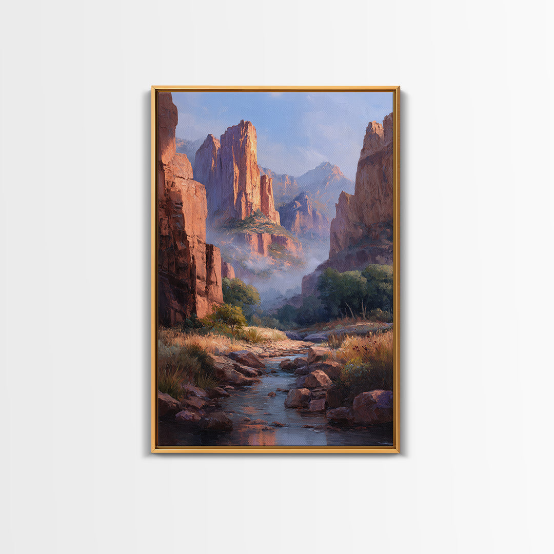 Classic Landscape Oil Painting Canyon River Wall Art Framed Canvas Print For Rustic Home Decor And Gifts