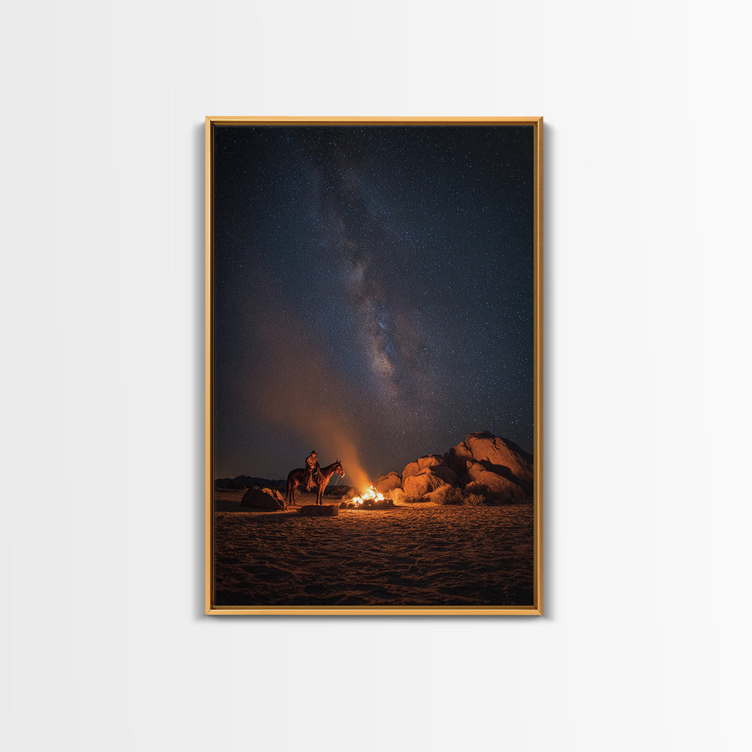 Wild West Cowboy By Campfire Under Starry Night Sky Large Wall Art Canvas Print For Rustic Western Home Or Man Cave Decor