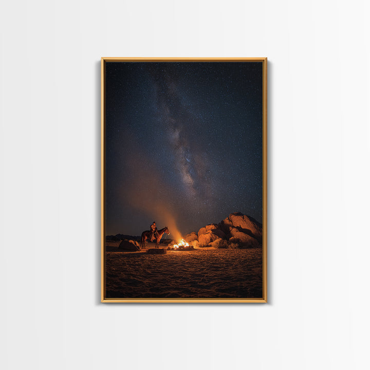 Wild West Cowboy By Campfire Under Starry Night Sky Large Wall Art Canvas Print For Rustic Western Home Or Man Cave Decor