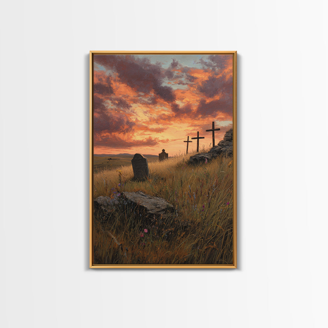 Sunset Cemetery Scene Oil Painting With Striking Sky And Crosses Wall Art Framed Canvas Print For Living Room Decor