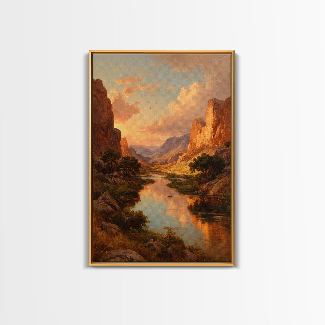Sunset Over Majestic Canyon Landscape River Reflection Wall Art Framed Canvas Print For Rustic Home Decor