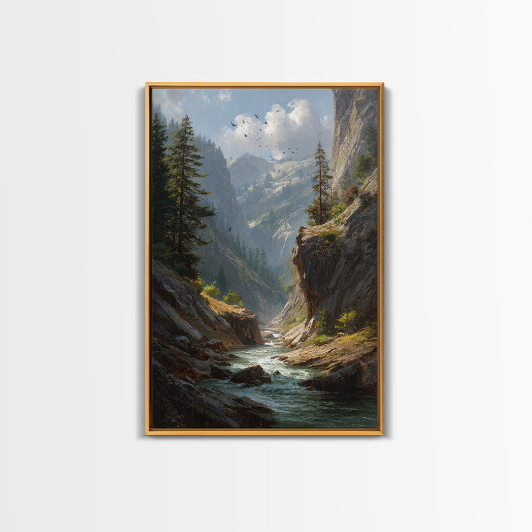 Majestic Mountain Canyon Landscape With Stream And Birds Original Oil Painting Canvas Print For Living Room Decor