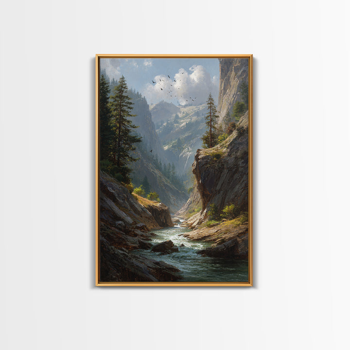 Majestic Mountain Canyon Landscape With Stream And Birds Original Oil Painting Canvas Print For Living Room Decor