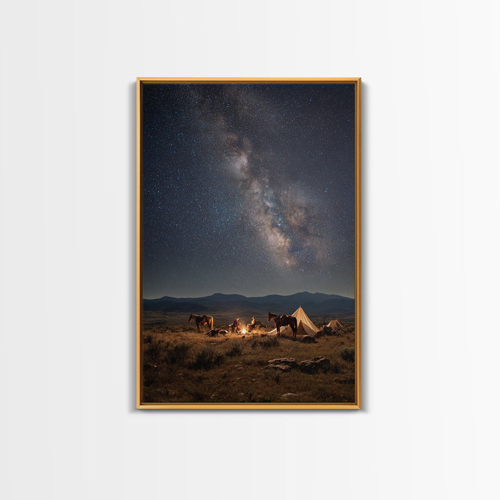 Cowboys Campfire Under Star Filled Night Sky Photography Canvas Print For Rustic Wall Art And Western Home Decor Framed