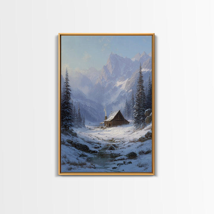 Winter Mountain Cabin Oil Painting Framed Canvas Print Rustic Snow Landscape Wall Art For Cozy Home Decor