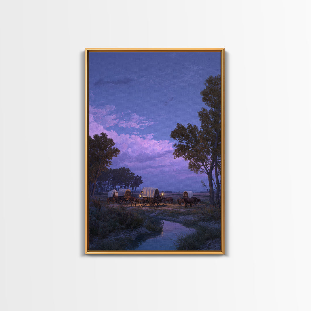 Peaceful Wagons At Twilight Sunset Landscape Large Wall Art Framed Canvas Print For Rustic Home Decor